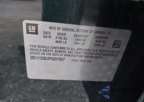 2015 Chevrolet Impala 1Lt from USA, damaged, VIN 2G1115SL6F9257807
